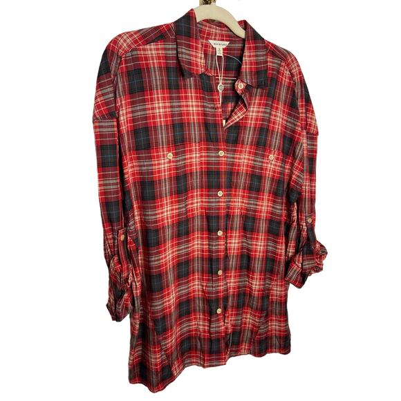 Max Studio Flannel Button Down Shirt Roll Tab Long Sleeve Plaid Red Black Size S - Picture 2 of 9